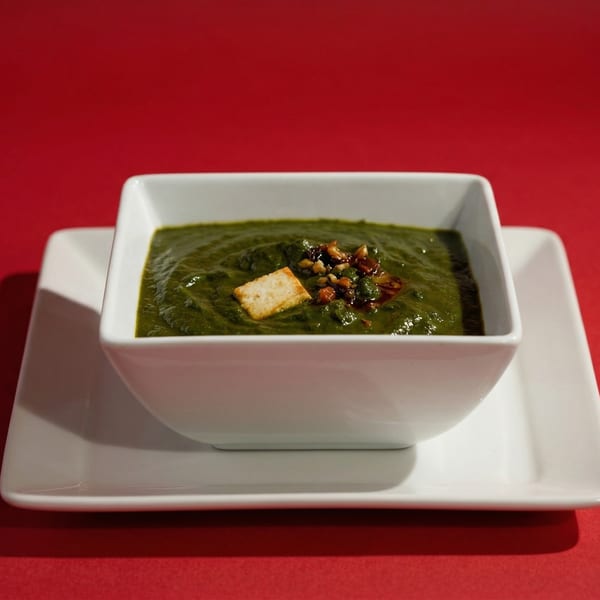 Green spinach soup with paneer and chili oil in a white bowl on a red background.