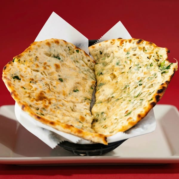 Two pieces of golden-brown naan bread with green herbs, served in a black basket on a white plate.