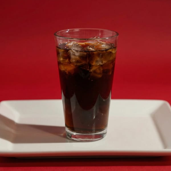 A glass of dark soda with ice cubes sits on a white plate against a red background.