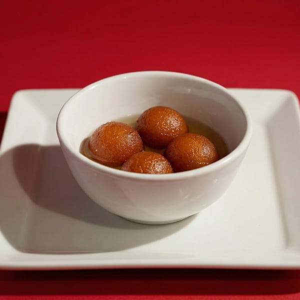 Four gulab jamun, Indian fried dough balls in syrup, in a white bowl on a white plate.
