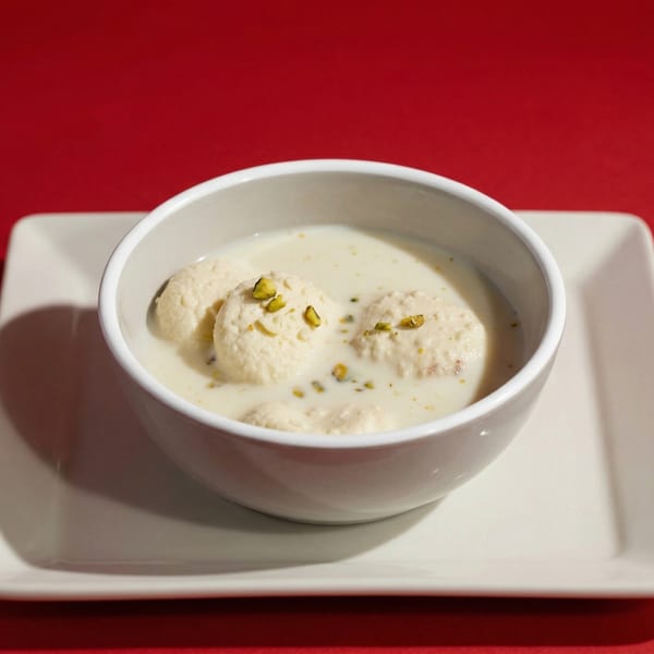 Rasmalai, an Indian dessert, in a white bowl with pistachios on a white plate and red background.
