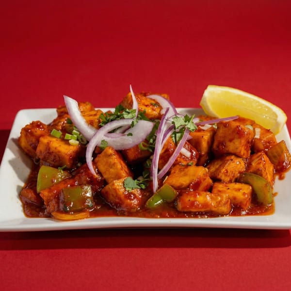Spicy paneer chili with bell peppers, onions, and cilantro, garnished with a lemon wedge.