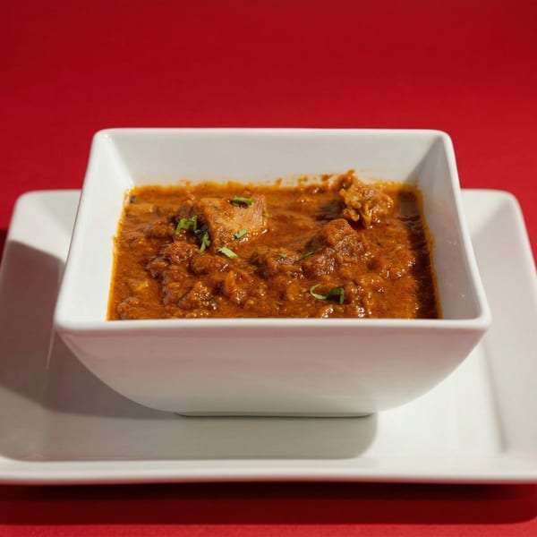 A square white bowl filled with a rich, reddish-brown curry, garnished with fresh green herbs.