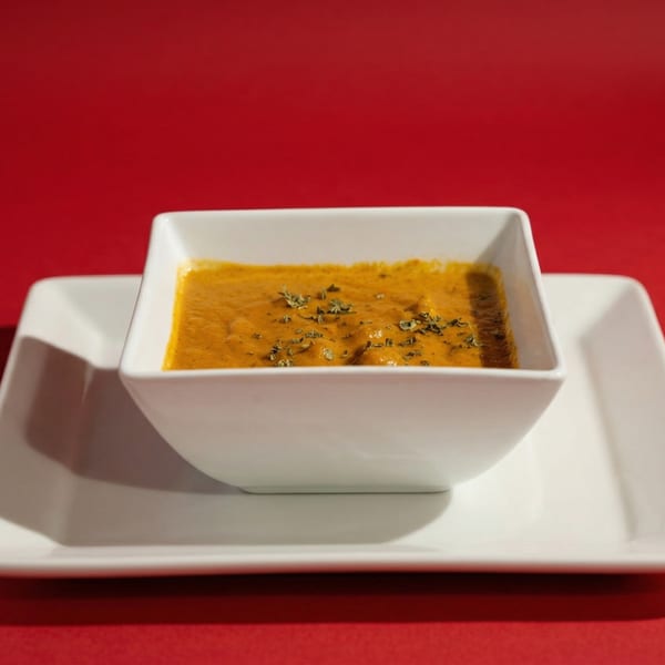 A square white bowl of orange soup with herbs sits on a white rectangular plate against a red background.