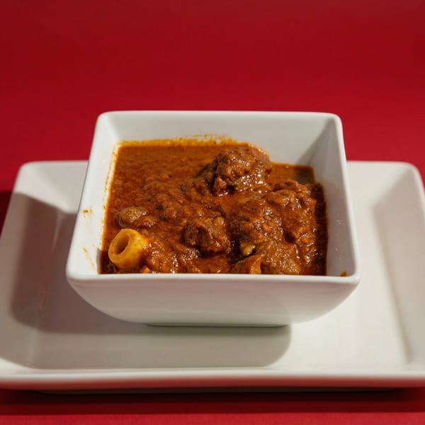 A white square bowl filled with a rich, reddish-brown curry, featuring chunks of meat and a bone.